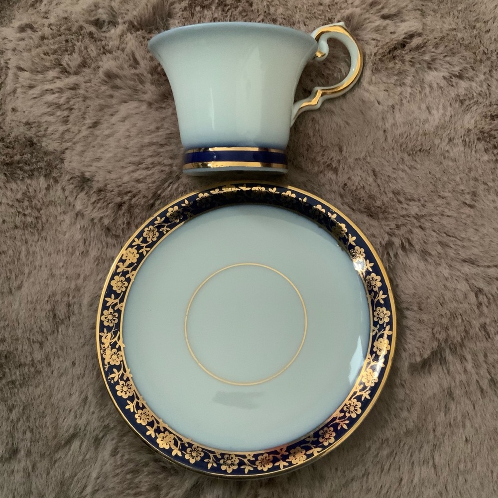 Vintage Crown PM Import Cobalt Blue Gold Rim Tea Cup Saucer Plate Set